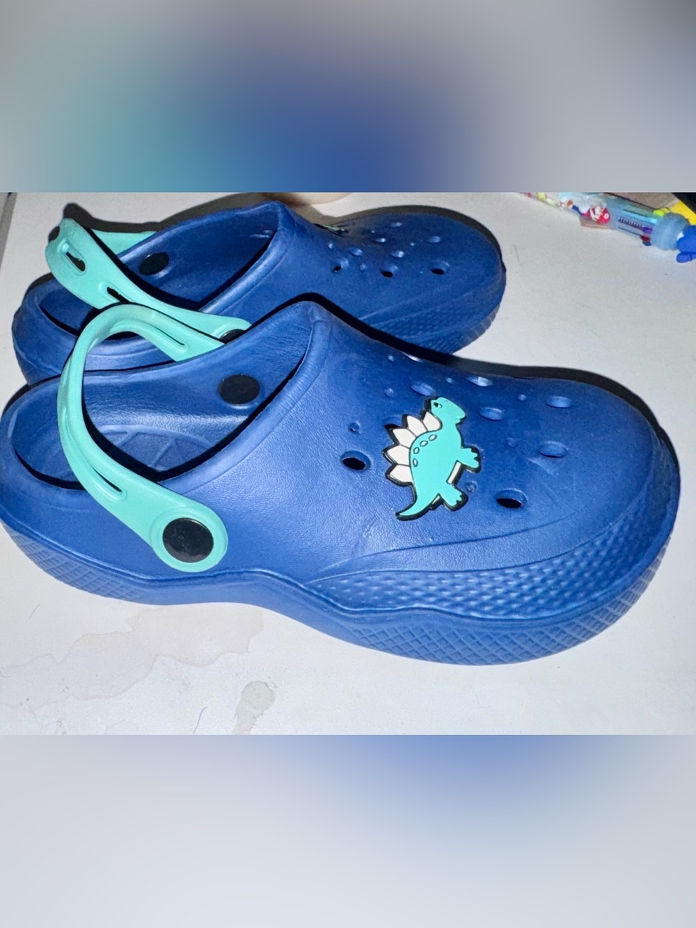 Kids Blue Clog Sandals with Teal Dino Accent